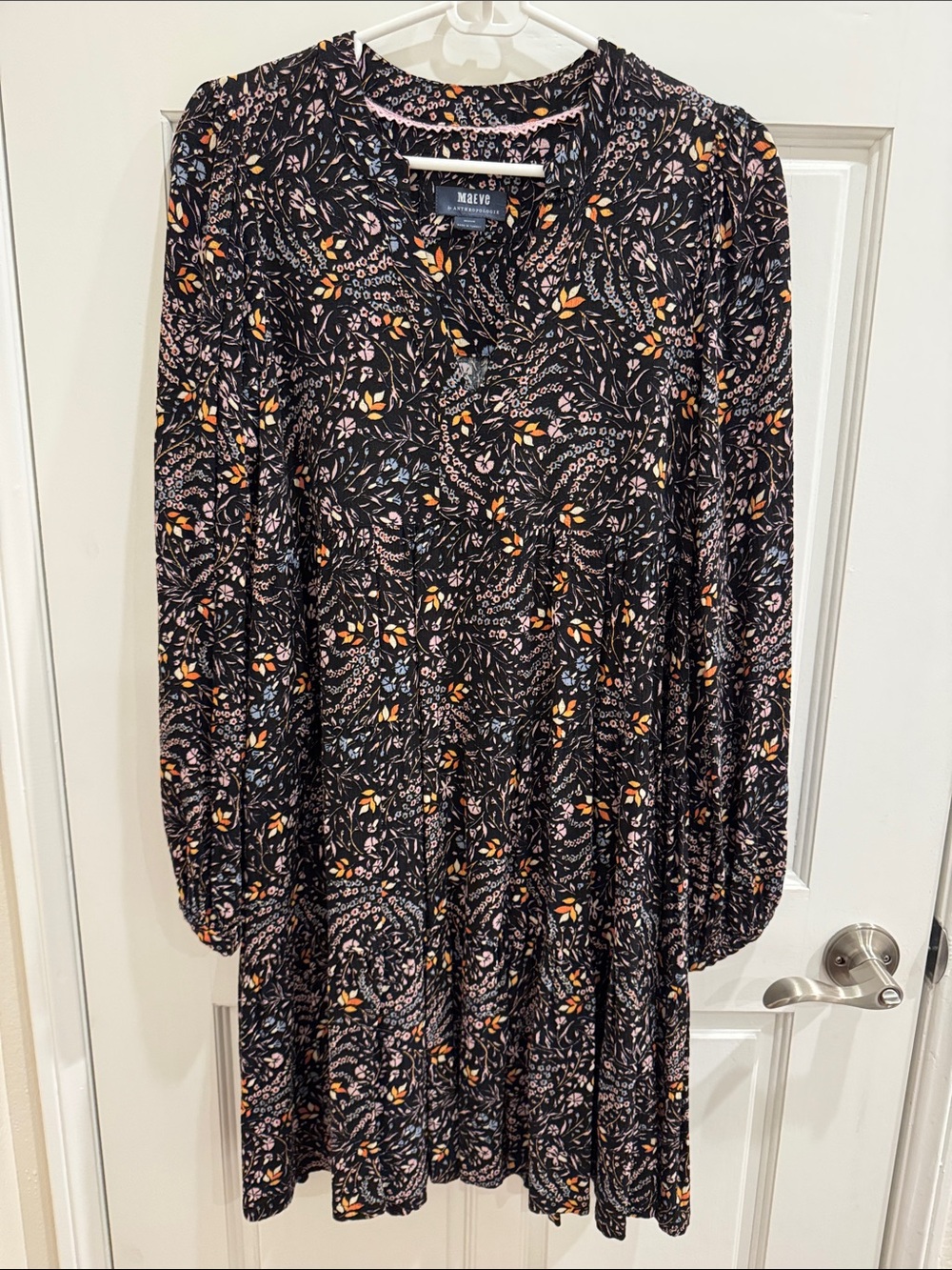 Maeve Black Floral Long-Sleeve Tiered Dress with Orange & Pink Accents